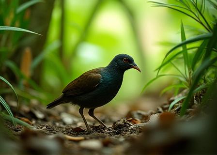 The rare, flightless Okinawa rail (Yanbaru Kuina) foraging in the forest undergrowth.